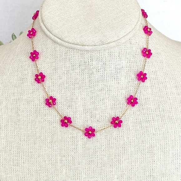 Red Saguaro Trading Post Jewelry - Beaded Pink Wildflower Chain Necklace